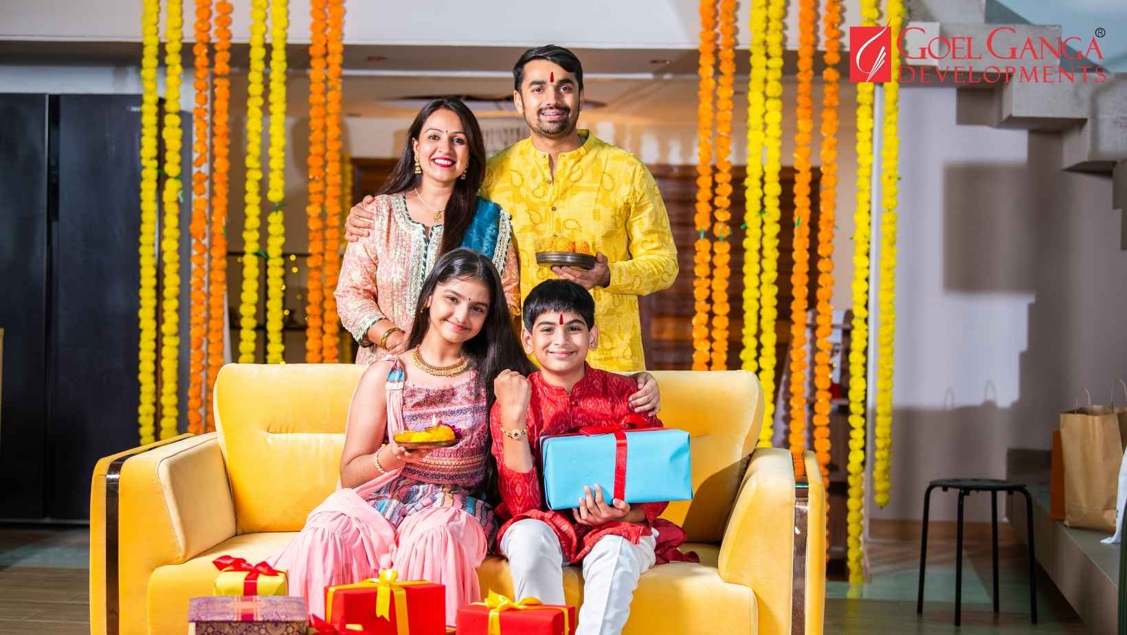 Family celebrating Diwali outside their newly purchased home