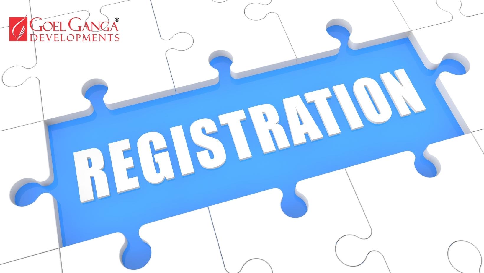 White puzzle blocks placed together with the word “Registration” written in the center, representing property registration or legal ownership process.