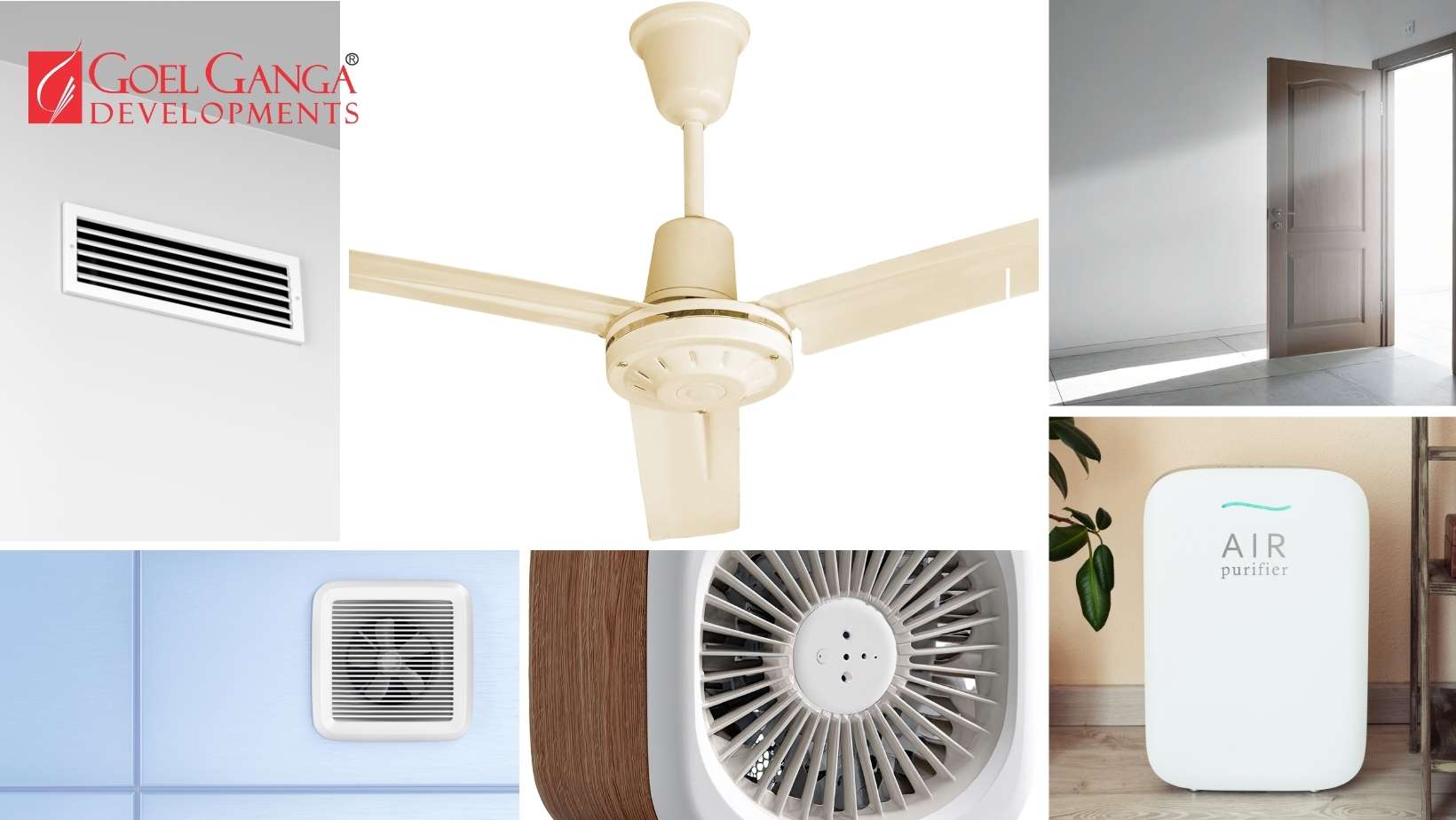 Collage of Ceiling air circulator fan improving airflow in a room