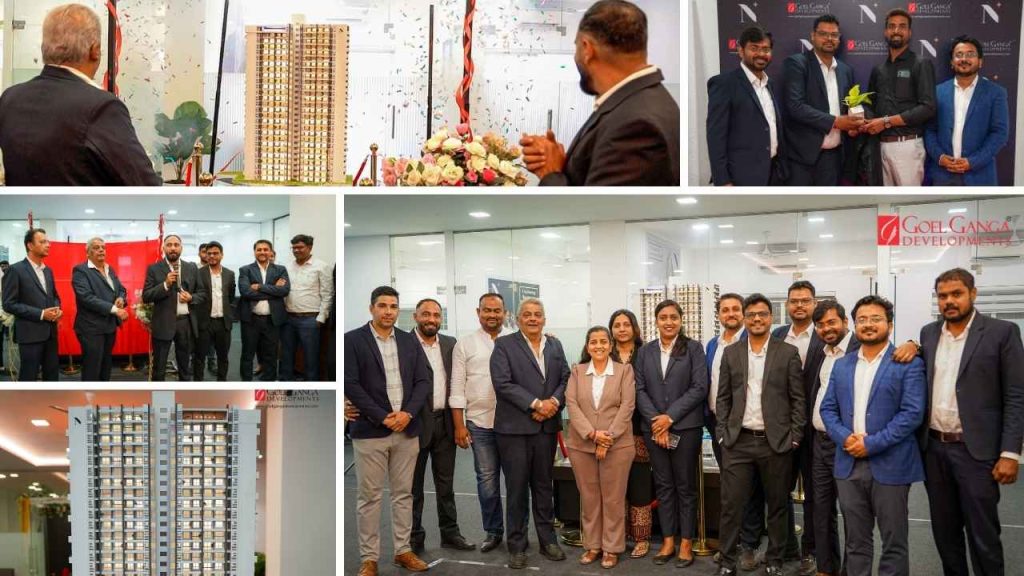 Collage of Ganga Nakshatra Upper Floors launch event showcasing guests, project presentations, bookings, and celebrations by Goel Ganga Developments.