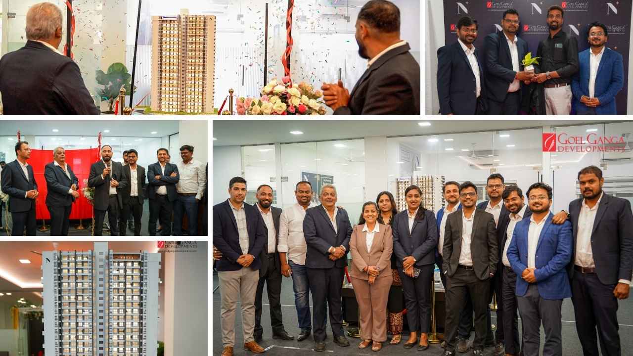 Collage of Ganga Nakshatra Upper Floors launch event showcasing guests, project presentations, bookings, and celebrations by Goel Ganga Developments.