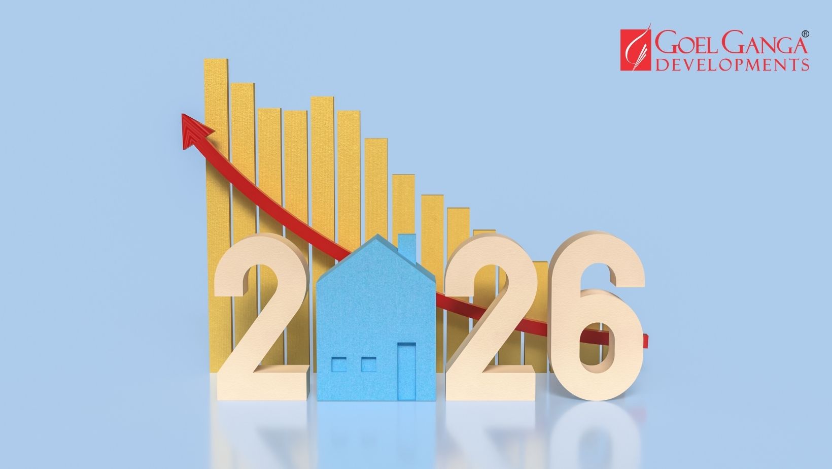 Union Budget 2026 showing an exponential growth arrow over a housing finance chart, a modern Goel Ganga apartment building, and a happy Indian family holding a golden key.