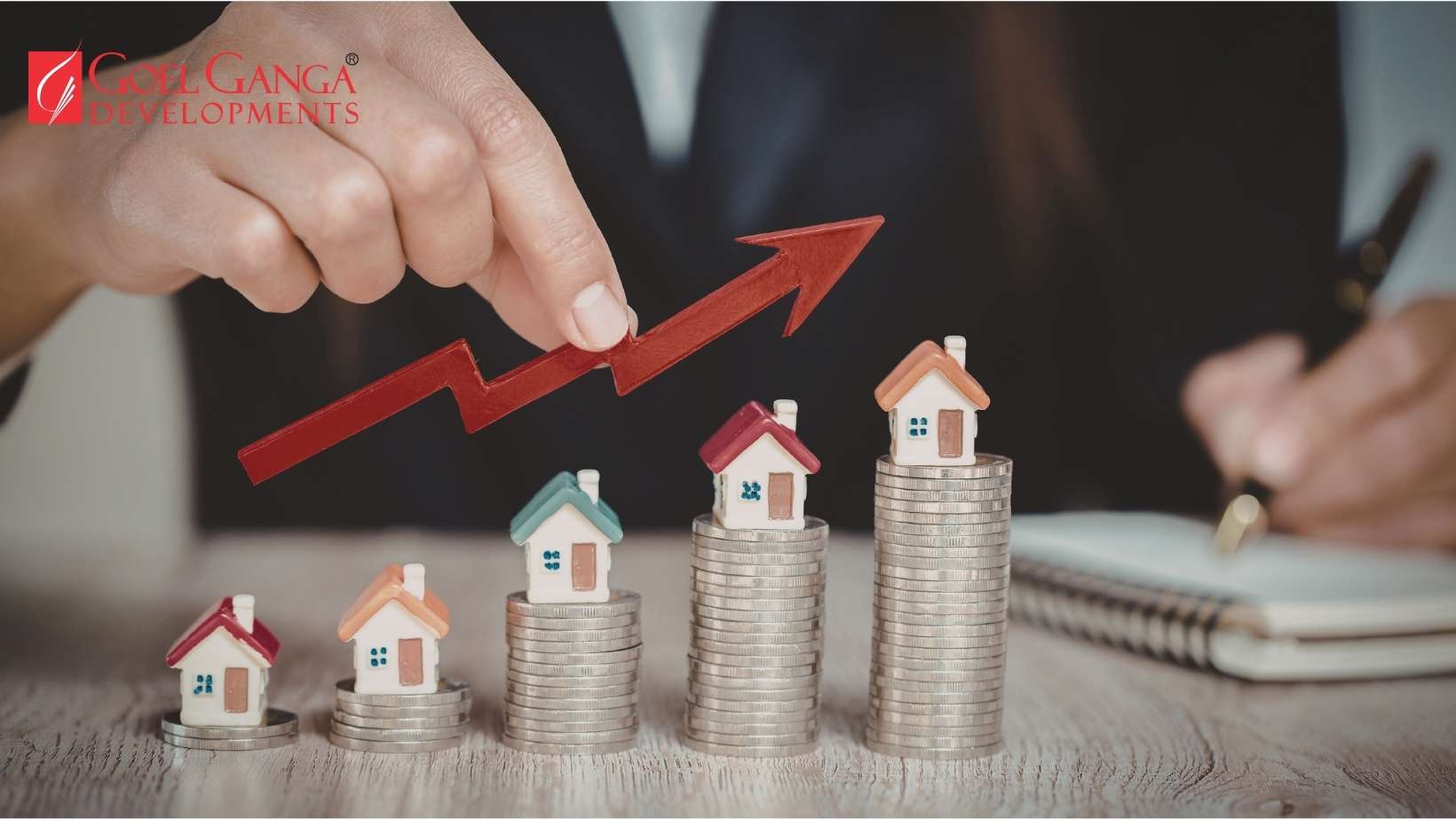 A professional infographic showing the resilience of luxury real estate in Pune during a market correction, highlighting the growth of Goel Ganga Developments.