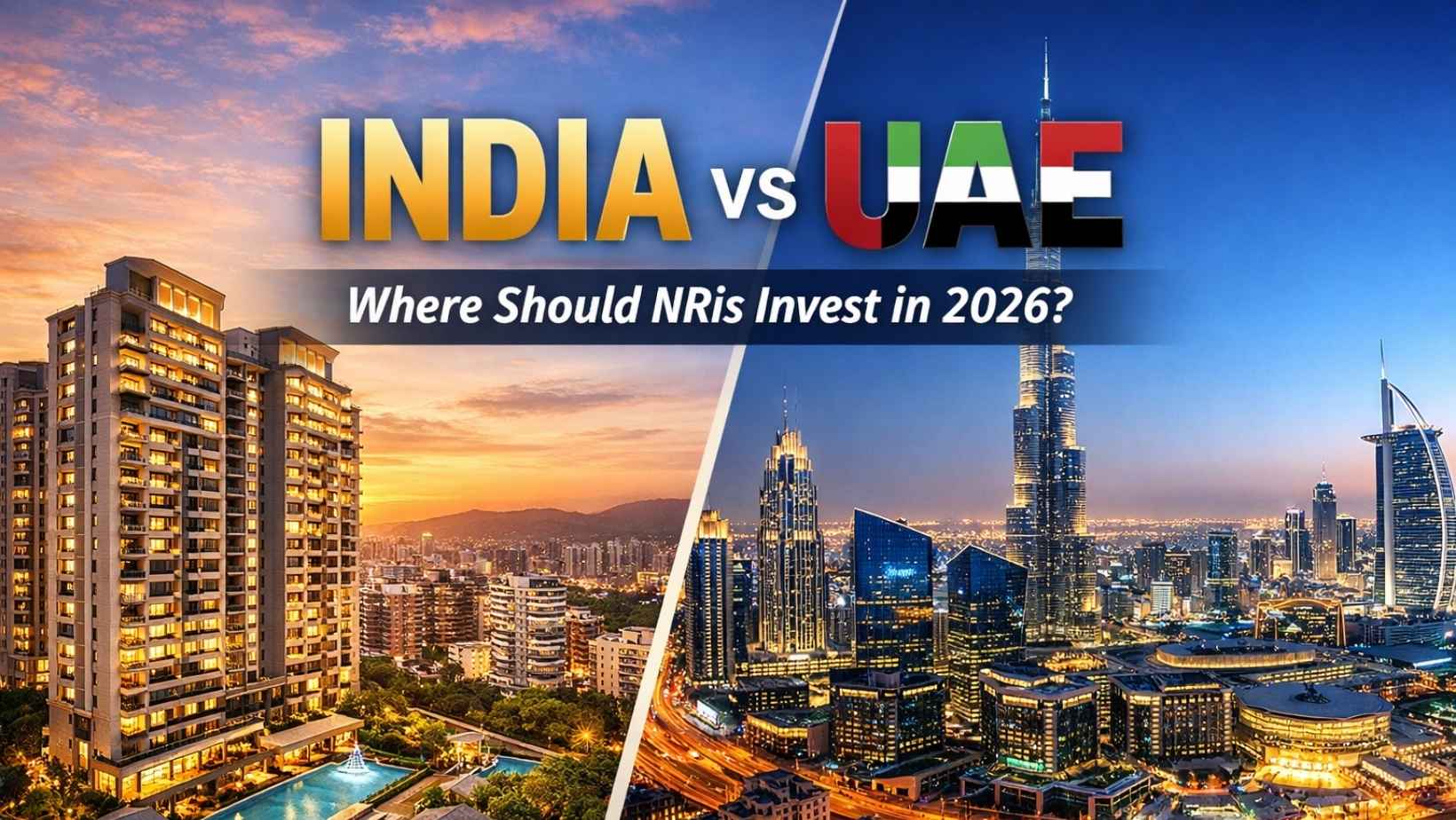 India vs UAE real estate comparison showing luxury apartments in Pune and Dubai skyline