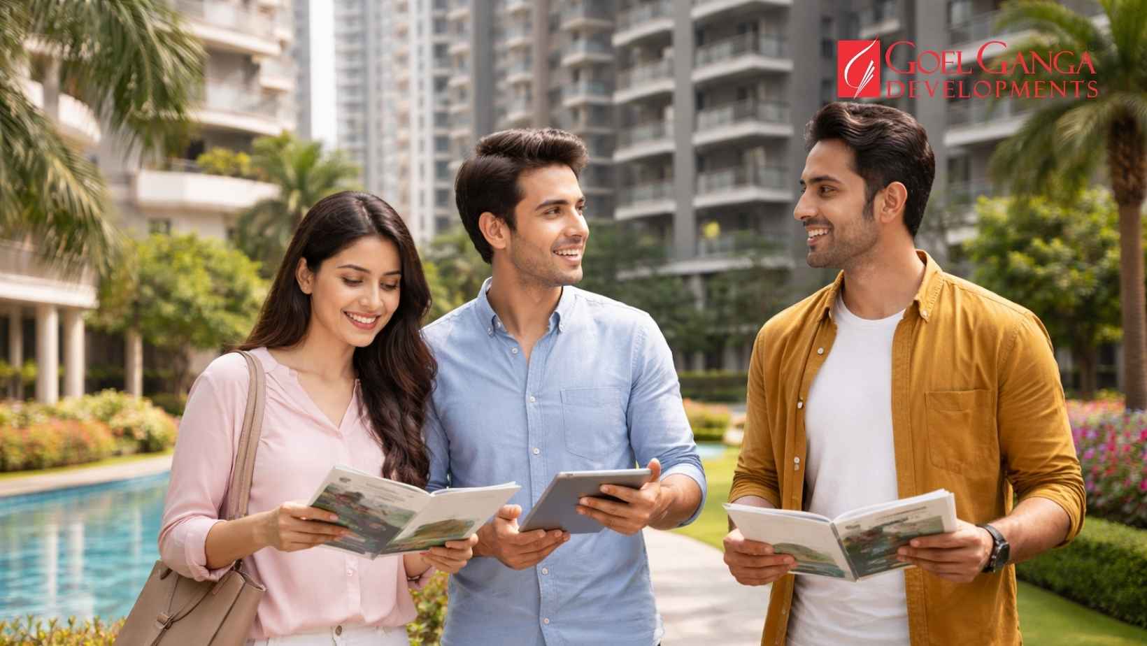 Young homebuyers exploring a modern residential project and discussing property investment opportunities in Pune.