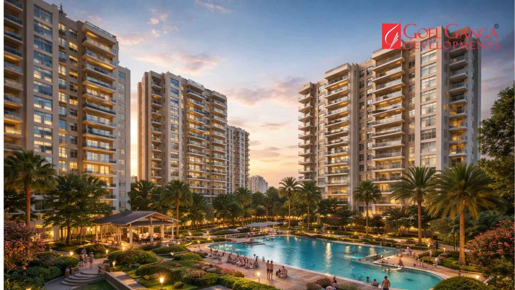 Modern residential apartment complex with landscaped gardens and swimming pool at sunset