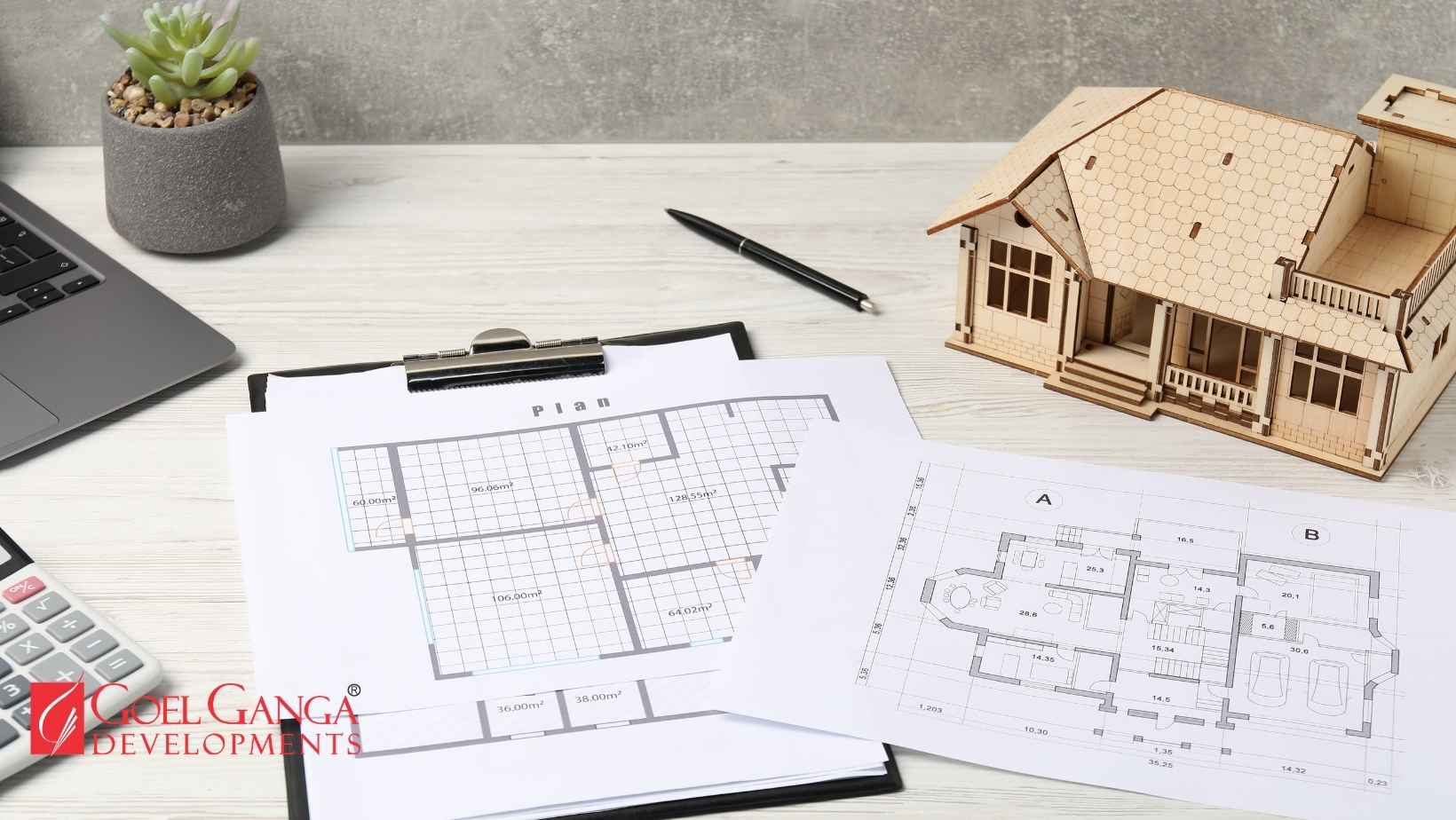 Floor plan diagram showing blue arrows for air breeze and yellow gradients for natural sunlight penetration.