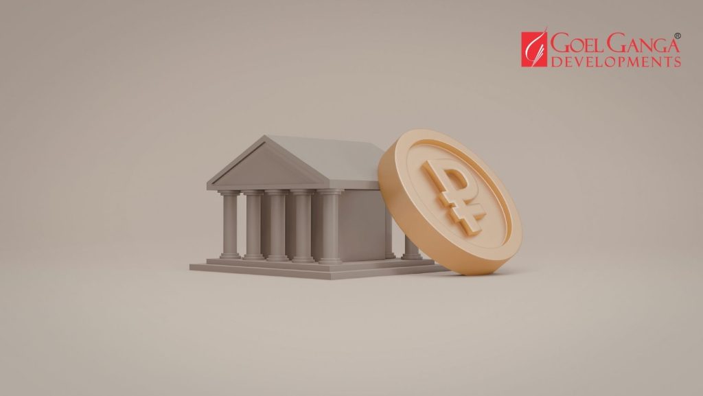 Reserve Bank building with stacked coins symbolizing repo rate stability and economic balance