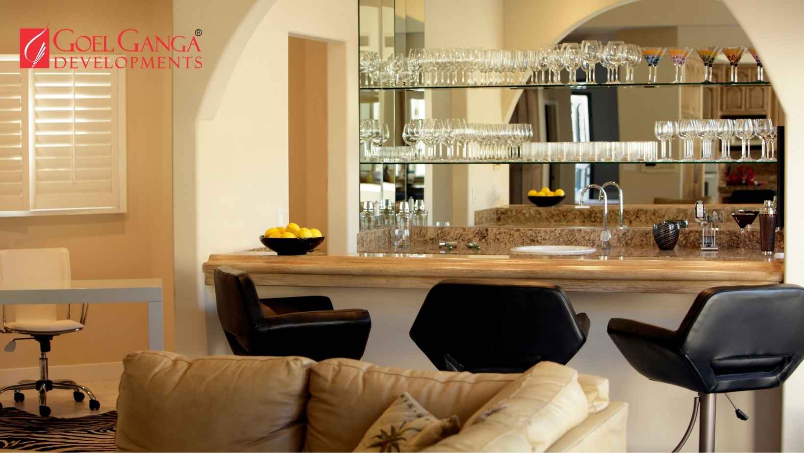 Luxury apartment interior in Pune featuring premium living space with modern entertainment and elegant home bar design.