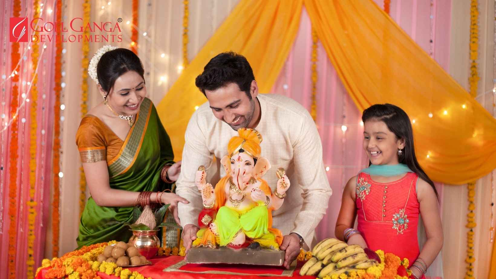Ganesh Chaturthi and Janmashtami 2026 with a family performing Griha Pravesh in a modern new home in Pune.