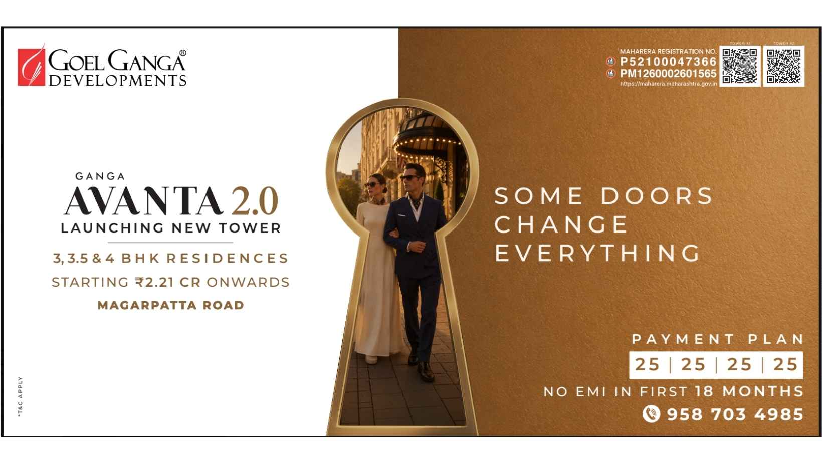 Ganga Avanta 2.0 new tower launch featuring 3, 3.5 and 4 BHK residences on Magarpatta Road, starting at ₹2.21 crore onwards.