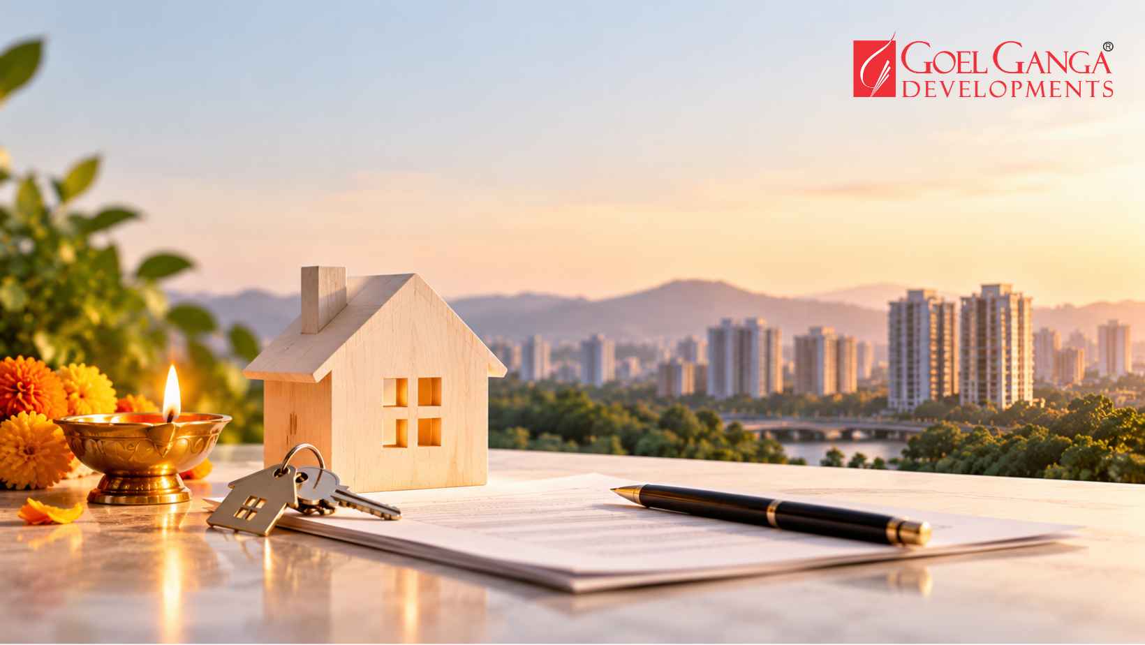 Minimalist real estate scene with a miniature house, property documents, keys and a lit diya overlooking Pune's residential skyline at sunset.