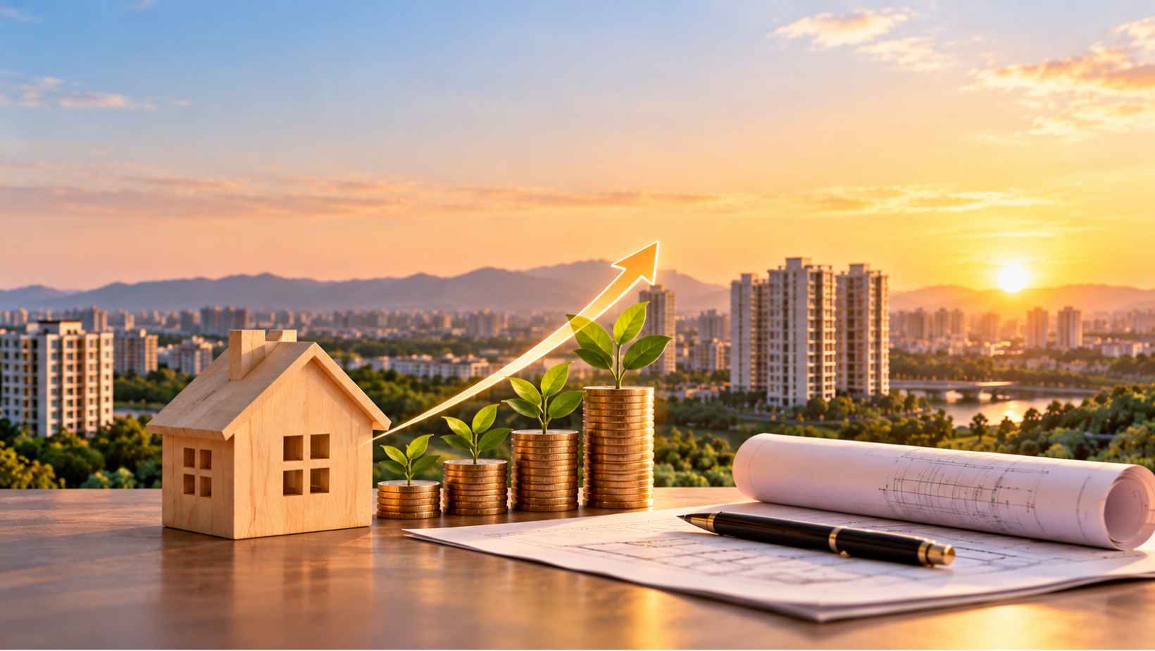 Miniature house, rising coin stacks, growth arrow and architectural plans overlooking a modern residential skyline at sunset, representing India's real estate outlook for 2027.